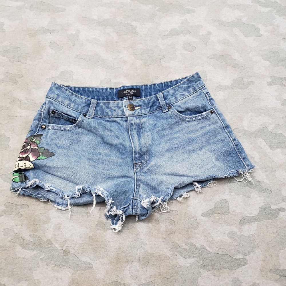 Ed Hardy Shorts Womens 26 Blue Graphic Pockets Denim Light Wash